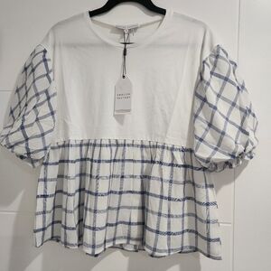 NWT English Factory White and Blue Plaid Blouse